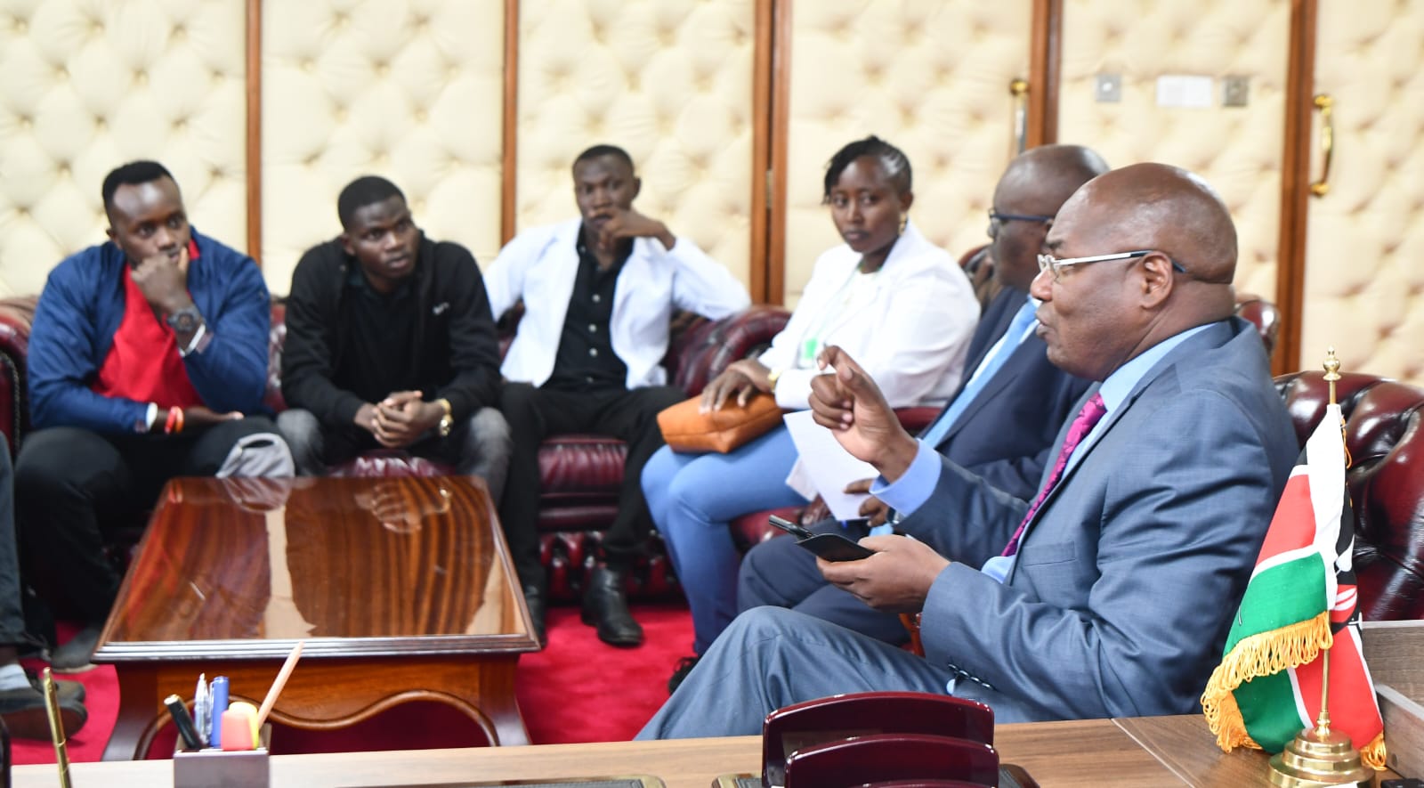 Principal Secretary Harry Kimtai during a meeting with medical interns to address their challenges